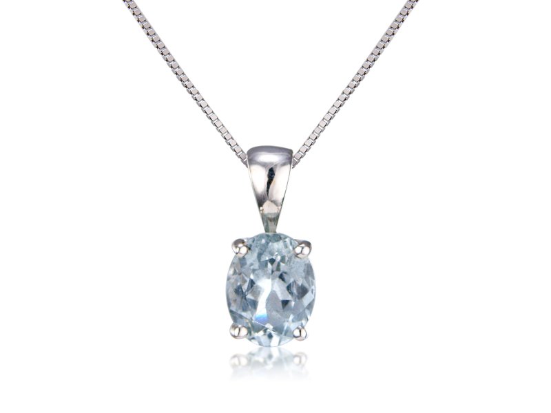 9ct White Gold Oval Aquamarine Claw Set Pendant Necklace