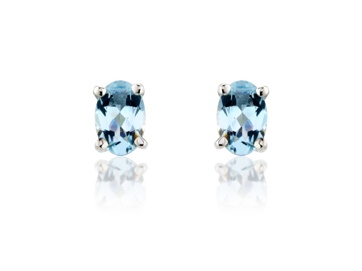 9ct White Gold Oval Aquamarine Claw Set Stud Earrings