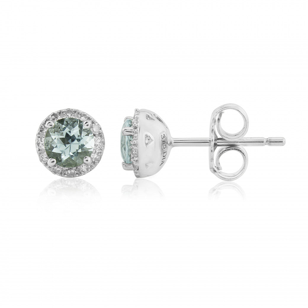 9ct White Gold Oval Aquamarine & Diamond Set Cluster Stud Earrings