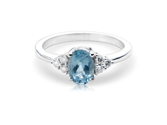 9ct White Gold Oval Aquamarine & Diamond Set Dress Ring
