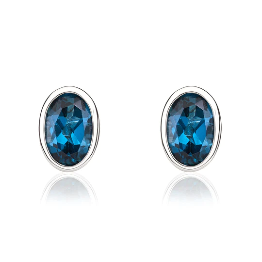 9ct White Gold Oval Blue Topaz Rubover Set Stud Earrings