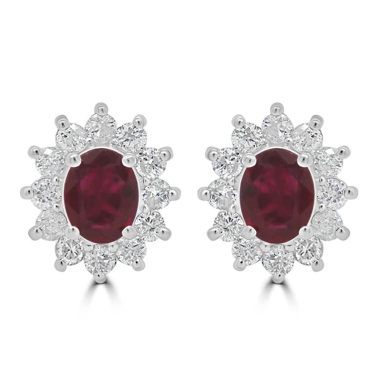 9ct White Gold Oval Ruby & Diamond Set Cluster Stud Earrings