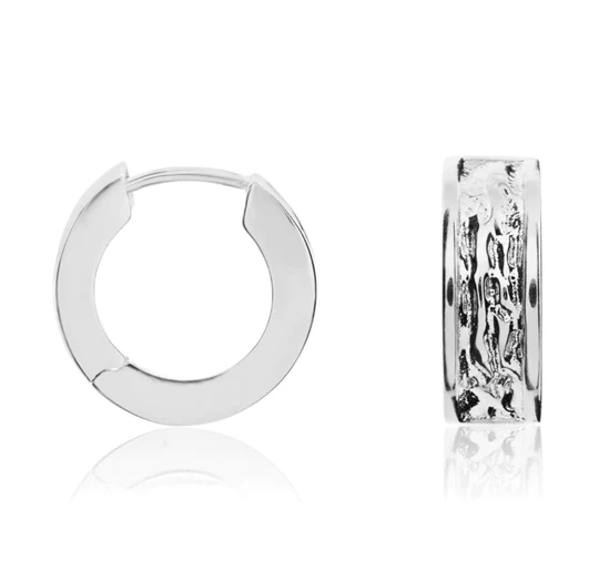 9ct White Gold Polished & Textured Huggy Hoop Earrings