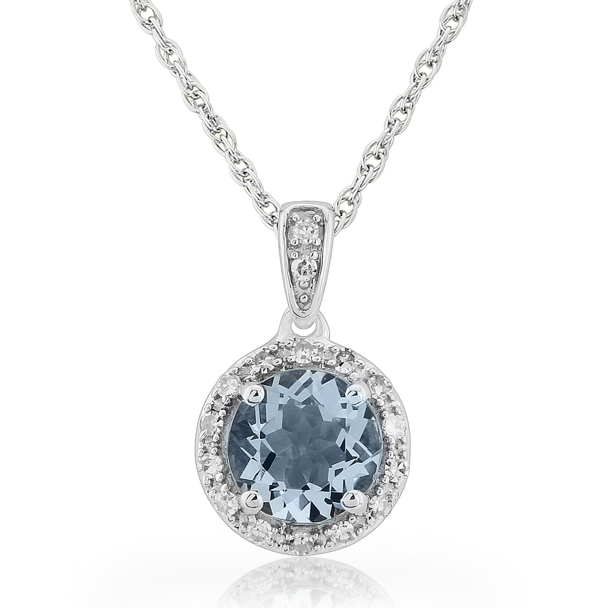9ct White Gold Round Aquamarine & Diamond Set Cluster Pendant Necklace