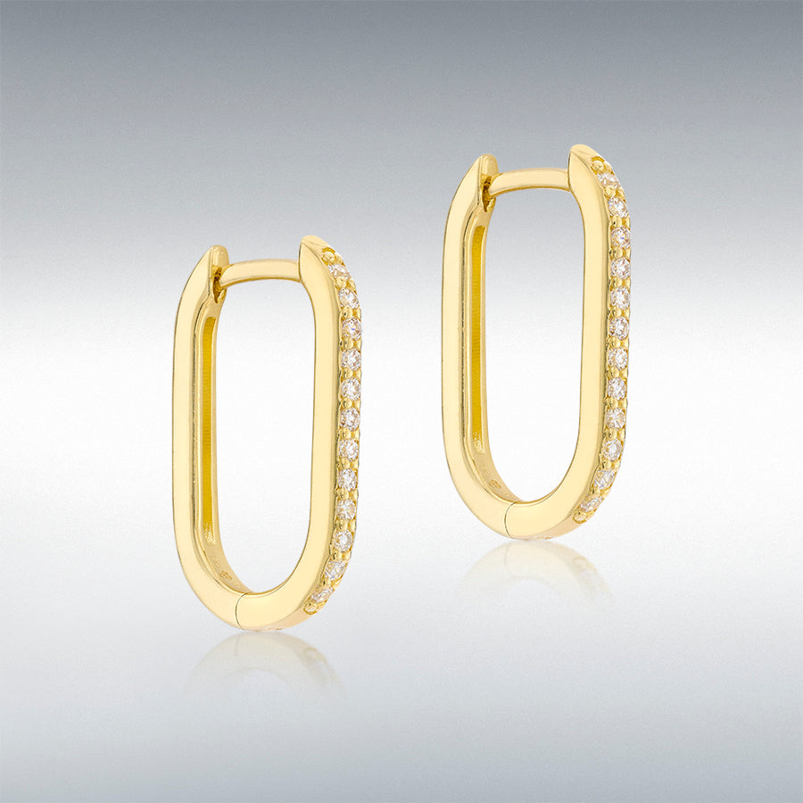 9ct Yellow Gold & CZ Rectangular Creole Hoop Huggy Earrings
