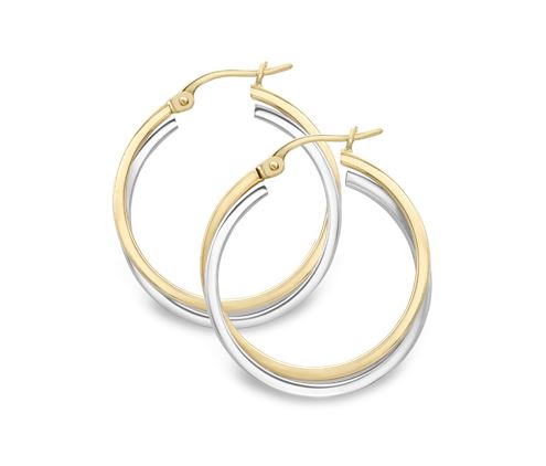 9ct Yellow & White Gold Two Tone Crossover 20mm Hoop Earrings
