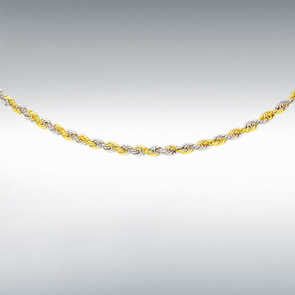 9ct Yellow & White Gold Two Tone Hollow Rope Chain Link 18" Necklace