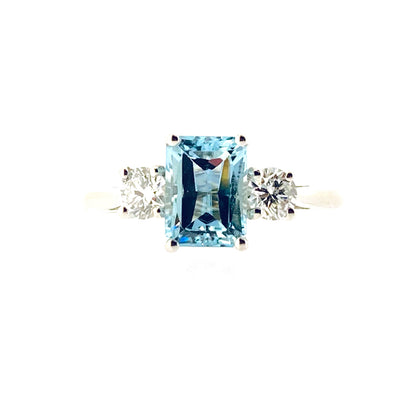 Platinum Emerald Cut Aquamarine & Diamond Set Three Stone Trilogy Ring