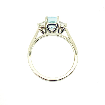 Platinum Emerald Cut Aquamarine & Diamond Set Three Stone Trilogy Ring