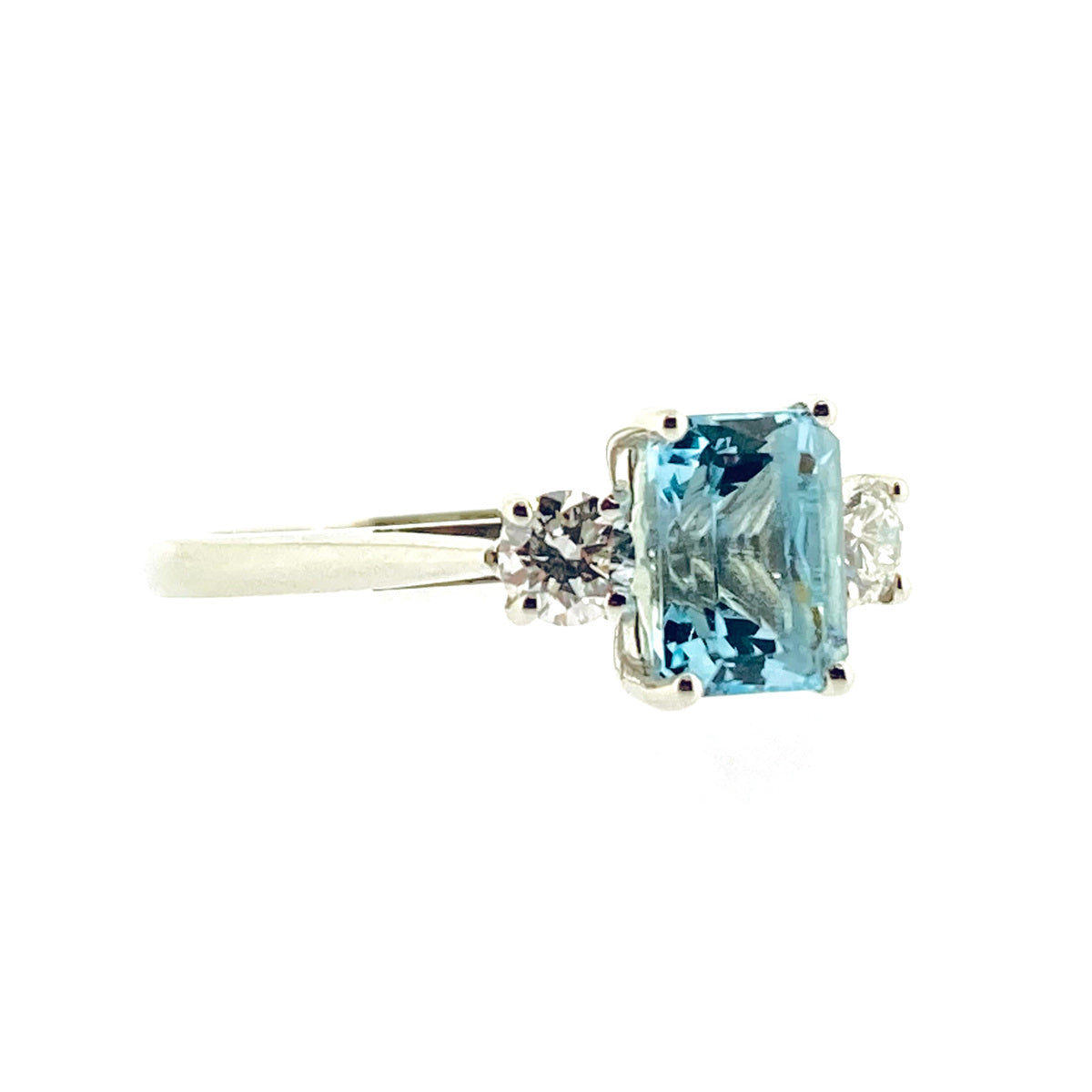 Platinum Emerald Cut Aquamarine & Diamond Set Three Stone Trilogy Ring