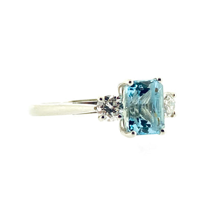 Platinum Emerald Cut Aquamarine & Diamond Set Three Stone Trilogy Ring