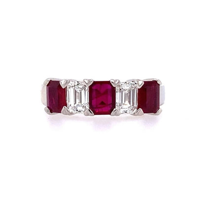 Platinum Emerald Cut Ruby & Diamond Set Five Stone Half-Eternity Dress Ring