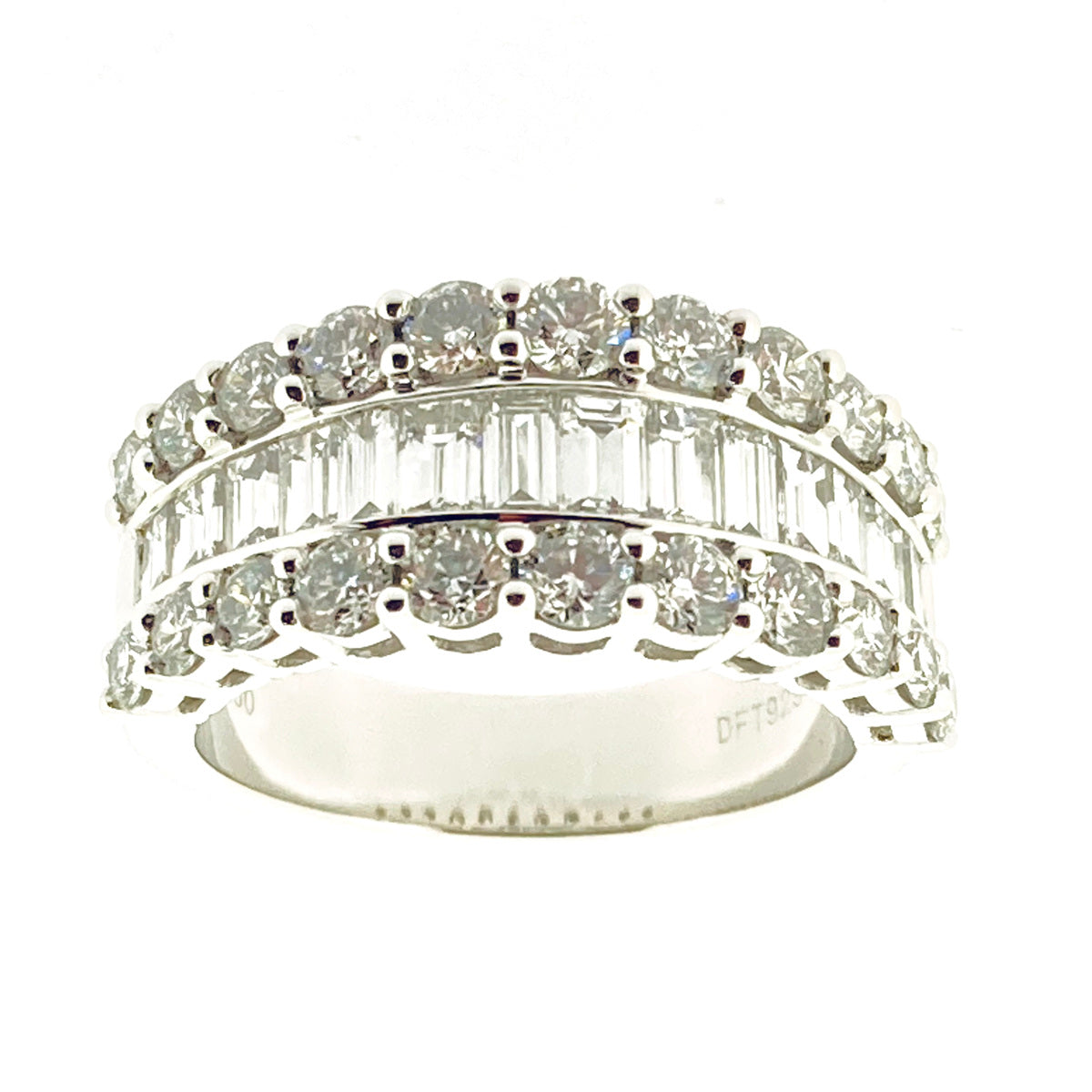 Platinum Three Row Graduated Baguette & Brilliant Cut Diamond Set Ring