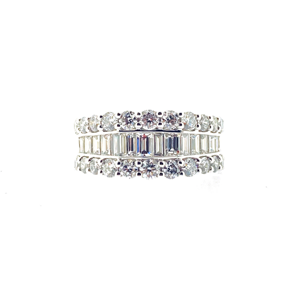 Platinum Three Row Graduated Baguette & Brilliant Cut Diamond Set Ring
