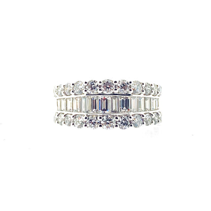 Platinum Three Row Graduated Baguette & Brilliant Cut Diamond Set Ring
