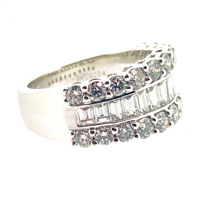 Platinum Three Row Graduated Baguette & Brilliant Cut Diamond Set Ring