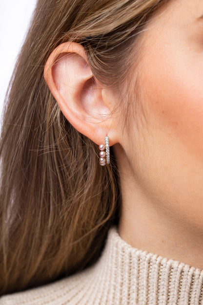 YOKO London Eclipse Blush 18ct White Gold, Pink Pearl & Diamond Set Hoop Earrings