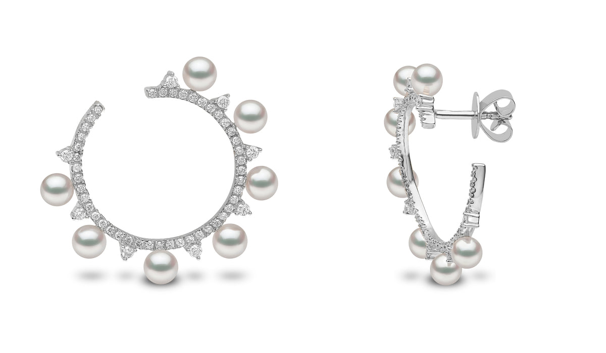 YOKO London Sleek 18ct White Gold, Pearl & Diamond Set Circle Hoop Earrings
