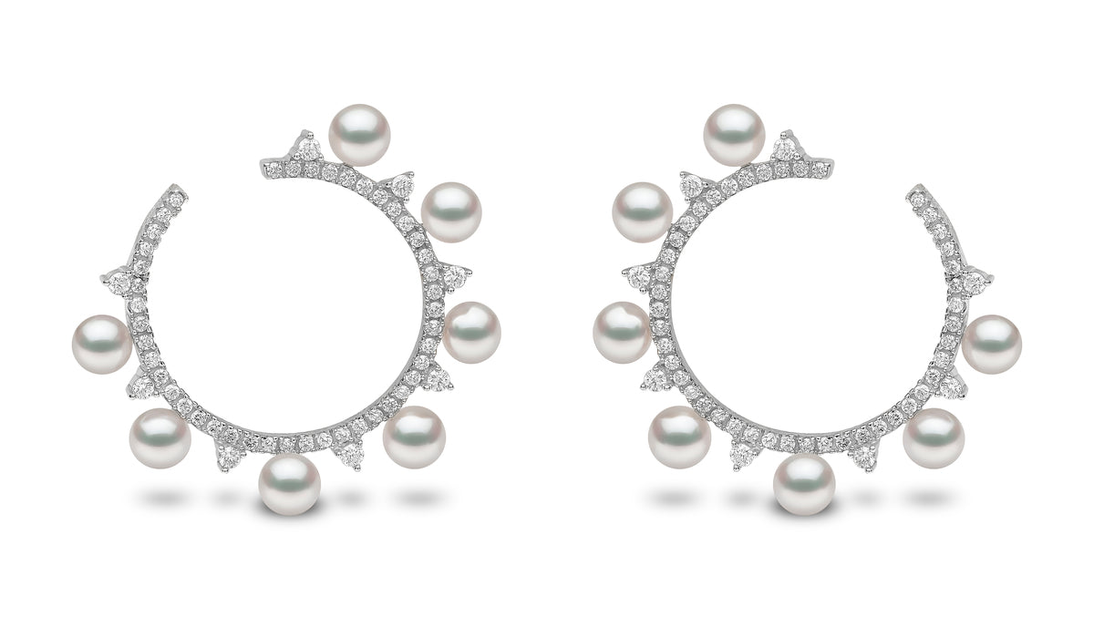 YOKO London Sleek 18ct White Gold, Pearl & Diamond Set Circle Hoop Earrings