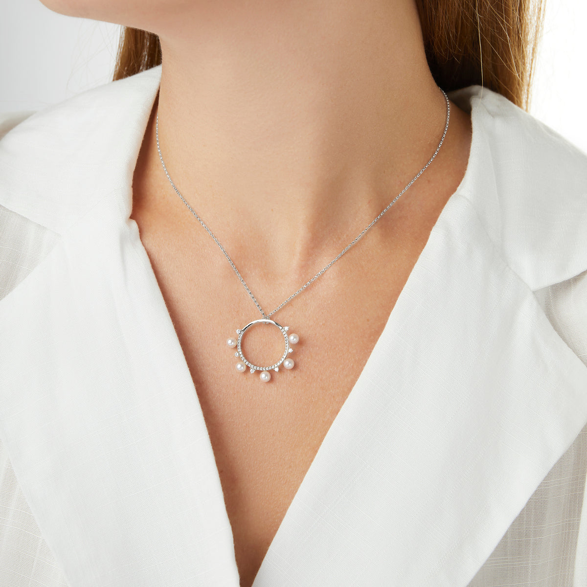 YOKO London Sleek 18ct White Gold, Pearl & Diamond Set Circle Pendant Necklace