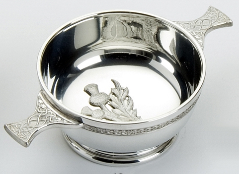 Traditional Pewter Celtic Design Quaich with Thistle (4" bowl)