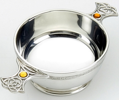 Traditional Pewter Celtic Design Quaich - Resin Set Handles (4" bowl)