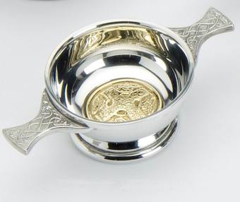 Traditional Pewter Celtic Design Quaich with Brass Iona Cross insert (2" bowl)