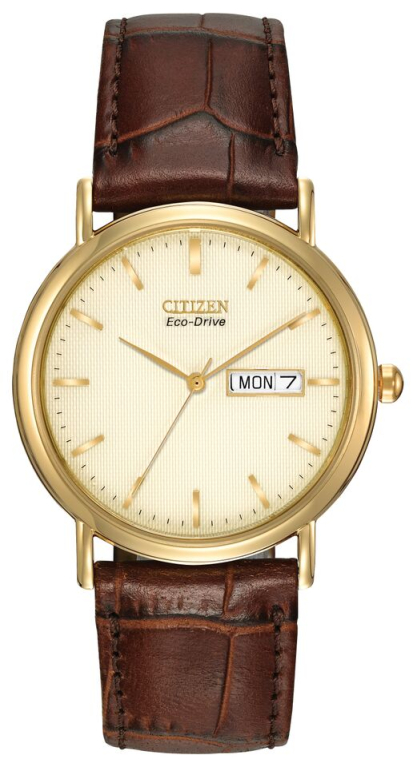 Citizen Eco-Drive Champagne Cream Dial Gold Plated Day-Date Mens Watch BM8242-08P
