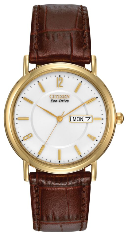 Citizen Eco-Drive White Dial Gold Plated Day-Date Mens Watch BM8242-08A