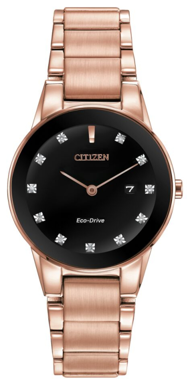 Citizen Eco-Drive Axiom Diamond Set Black Dial Rose Gold Plated Womens Watch GA1058-59Q