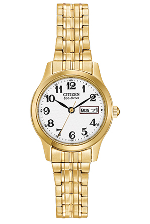 Citizen Eco-Drive White Dial Gold Plated Expanding Bracelet Womens Watch EW3152-95A