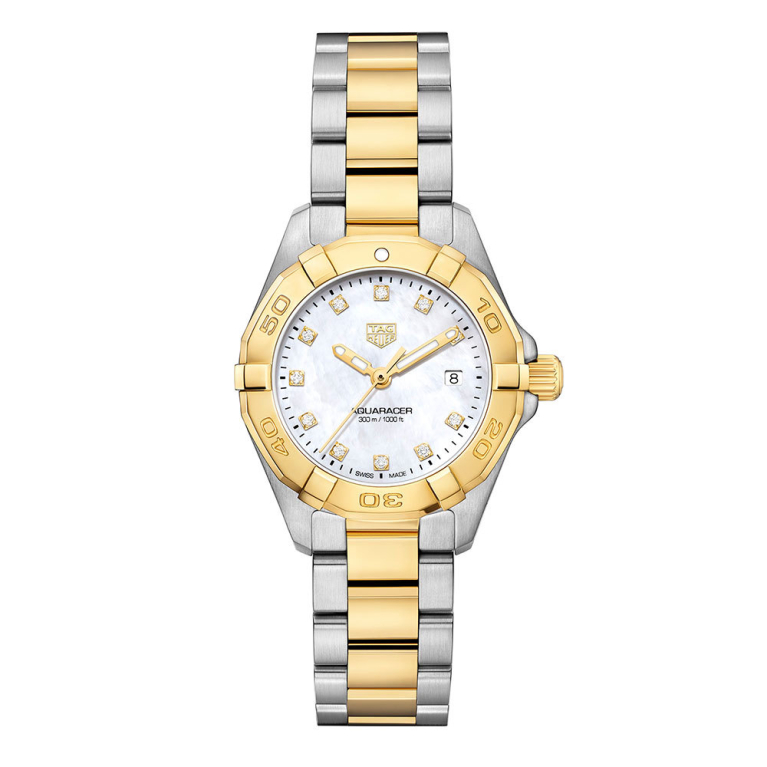 TAG Heuer Aquaracer Mother of Pearl Diamond Set Dial Two Tone Womens Quartz 27mm Watch WBD1422.BB0321