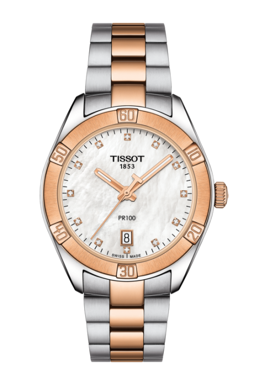 Tissot PR 100 Sport Chic Mother of Pearl Diamond Set Dial Two Tone Womens Quartz Watch T1019102211600