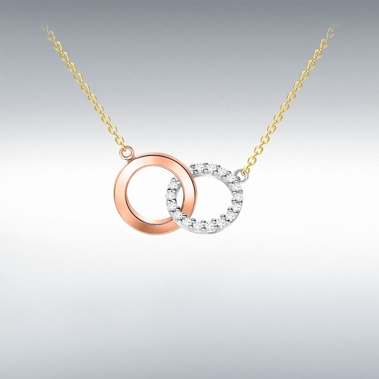 9ct 3 Colour Gold Cubic Zirconia Linked Rings Pendant Necklace