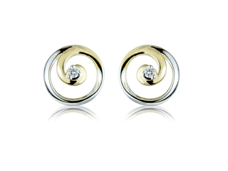 9ct Yellow & White Gold Two Tone Diamond Set Swirl Stud Earrings