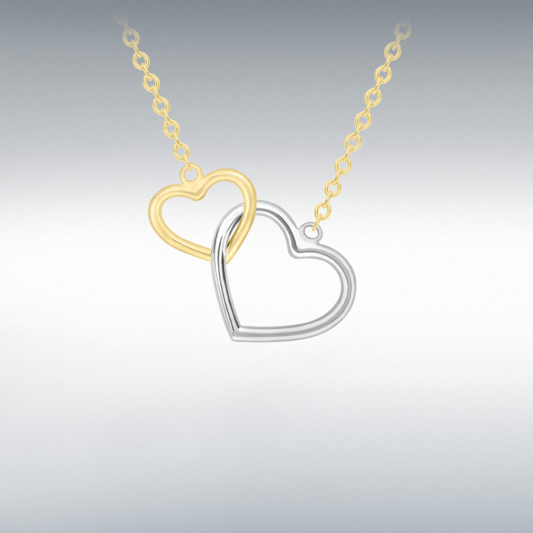 9ct Yellow & White Gold Two Tone Linked Hearts Pendant Necklace
