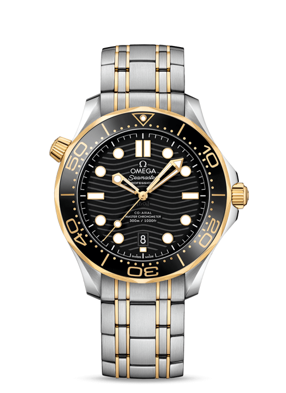 Omega Seamaster Diver 300M Co-Axial Master Chronometer Black Dial Two Tone Mens Watch 21020422001002