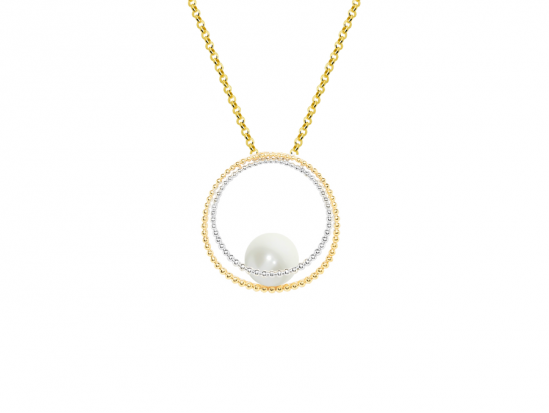 9ct Yellow & White Gold Cultured Freshwater Pearl Two Tone Circle Pendant Necklace
