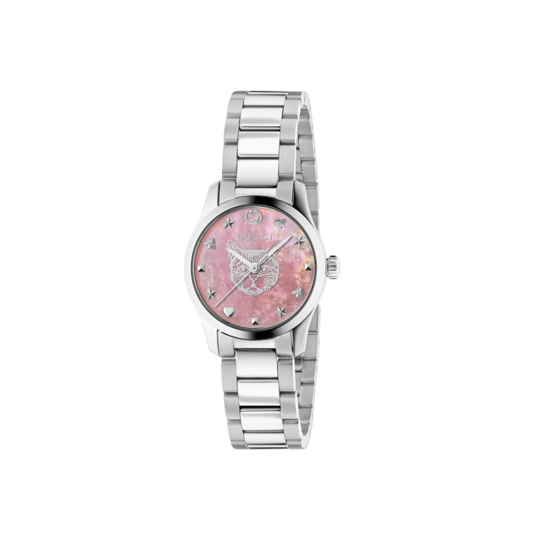 Gucci G-Timeless Feline Pink Mother of Pearl Dial Stainless Steel Womens Quartz Watch YA1265013