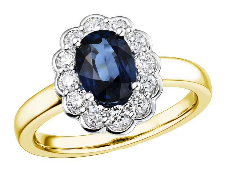 18ct Gold Oval Sapphire & Diamond Set Cluster Ring