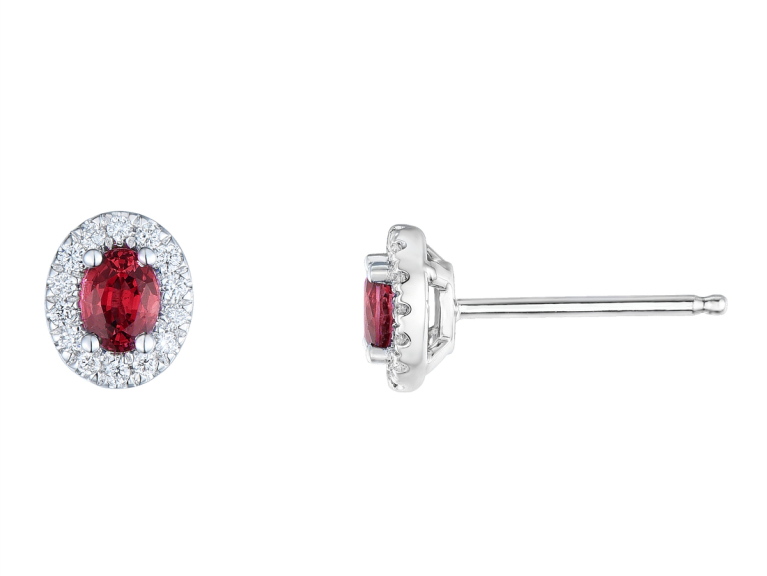 18ct White Gold Oval Ruby & Diamond Set Cluster Stud Earrings