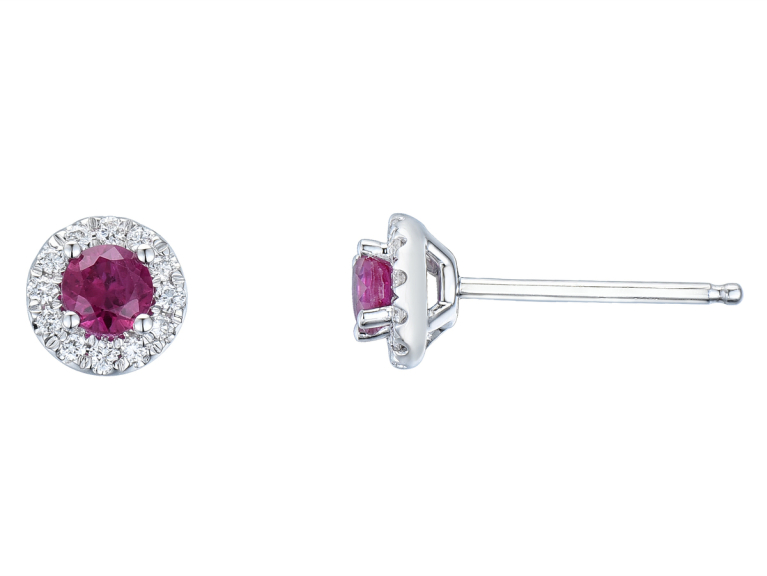 18ct White Gold Round Ruby & Diamond Set Cluster Stud Earrings