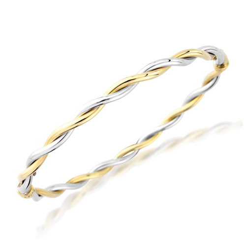 9ct Yellow & White Gold Oval Hinged Twist Design Solid Bangle