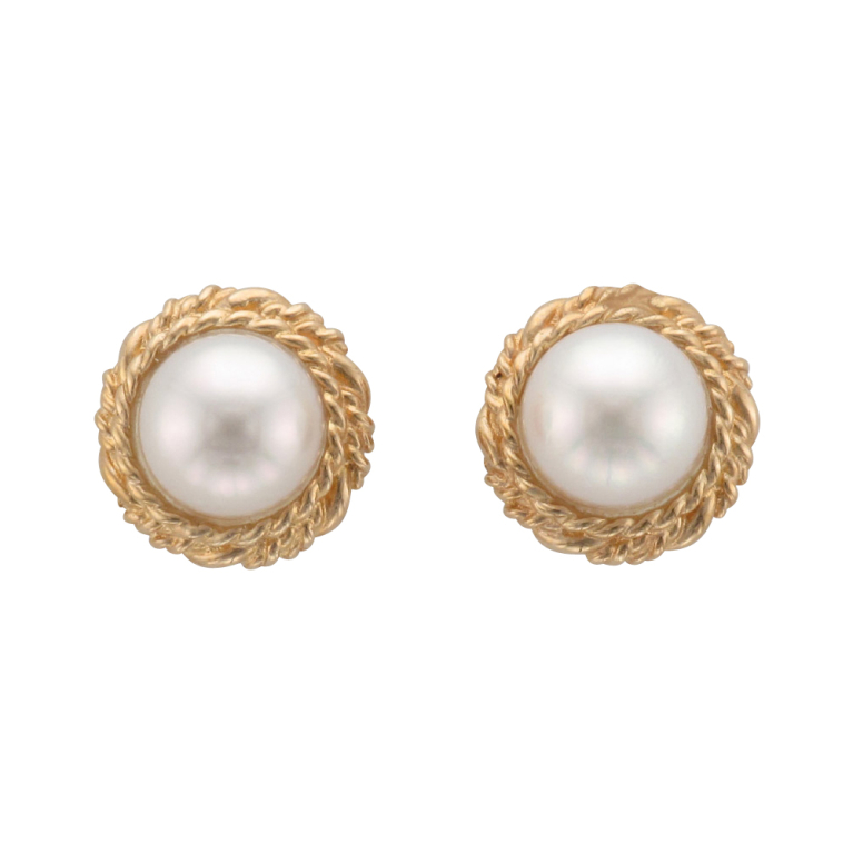 9ct Gold Pearl & Double Rope Surround Stud Earrings