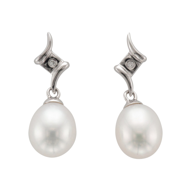 9ct White Gold Pearl & Diamond Set Drop Earrings