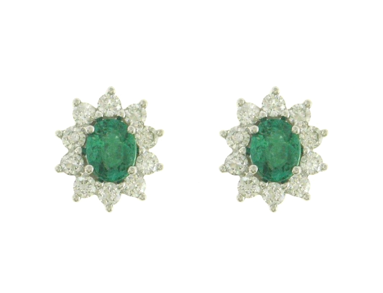 18ct White Gold Oval Emerald & Diamond Set Cluster Stud Earrings