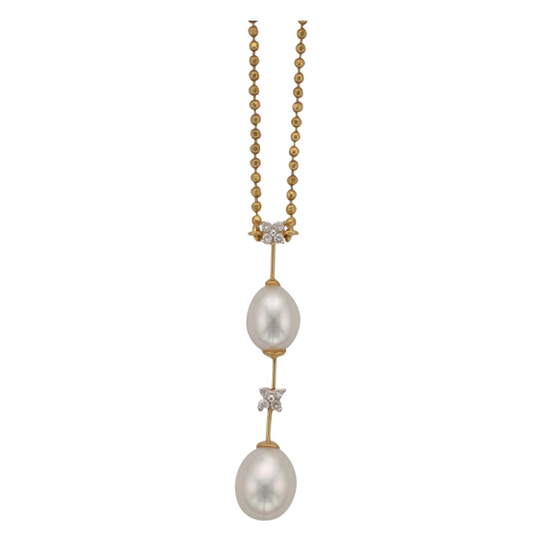18ct Gold Pearl & Diamond Set Bar Pendant Necklace