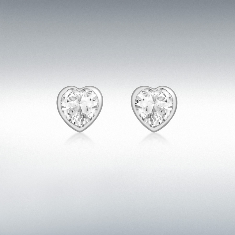 9ct White Gold Rubover Set Cubic Zirconia Heart Stud Earrings