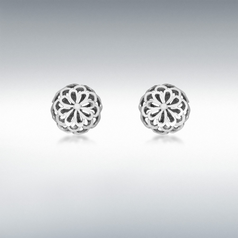 9ct White Gold Diamond Cut Filigree Dome Stud Earrings