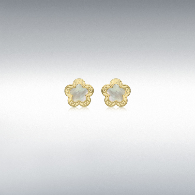 9ct Gold Mother of Pearl Set Greek Key Flower Stud Earrings